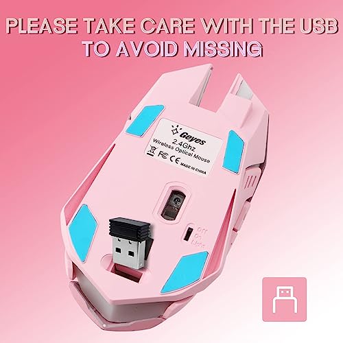 VEGCOO Pink Wireless Gaming Mouse, Silent Click Wireless Mouse with Colorful RGB LED Lights, Rechargeable Computer Mice with Side Buttons and 3 Level DPI, for Laptop and Desktop - color: Pink