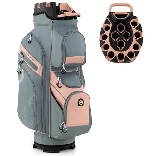 Goplus Lightweight Golf Cart Bag, Molded Lock Top Golf Club Bag w/14-Way Full Length Organizer Dividers, 11 Pockets, Cooler Bag, Straps, Umbrella Holder & Rain Hood for Men Women - color: Grey+Pink