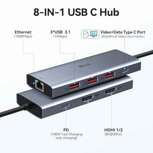 Laptop Docking Station 3 Monitors USB C to USB C Hub Dual Monitor Adapter | USB C Docking Station USBC Splitter with 8K USB C Video Output HDMI,100W PD Charging,10Gbps Data,Ethernet for Dell HP Lenovo - color: Medium Gray