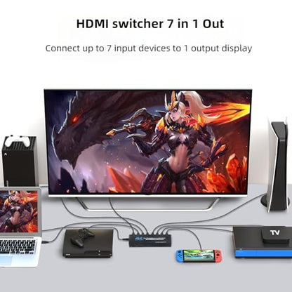 HDMI 2.0 Switch, 4K@60Hz HDMI Switcher 7 in 1 Out with IR Remote, 7 Port HDMI Selector Box Support HDMI2.0, Dolby Vision/Atmos, HDR10 for Box, Switch, PS5/4, Roku, Fire -Stick