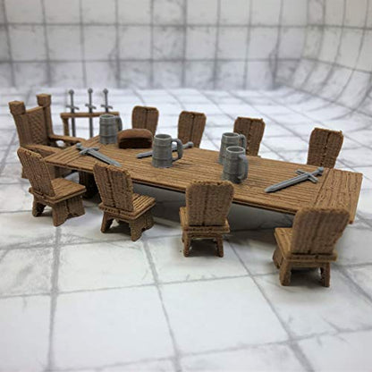 Lords Table Set with Chair, Small Chairs, Sword Rack, Swords, Tankards, and Bread - 28mm Scale Tabletop Terrain for D&D and Fantasy Role Playing Games