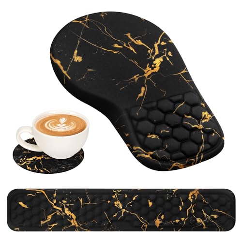 EYROZILL 3 in 1 Ergonomic Wrist Rest for Keyeboard and Mouse, Non-Slip Desk Mouse Pad with Wrist Support, Keyboard Wrist Rest and Mouse Pad Set Massage Design (Black Marble) - color: Black Marble