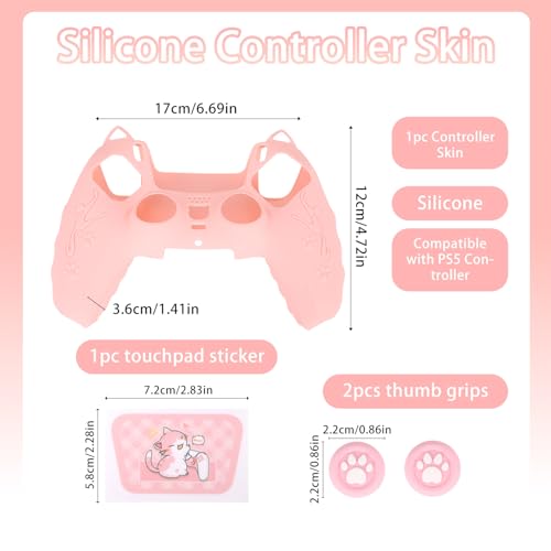 Pink Controller Skin Set for PS5, Cute Cat Paw Anti-Slip Silicone Cover Case for PS5 Wireless Controller Accessories Protective Shell with Thumb Grips & Touchpad Sticker, Girls Gamer Gifts