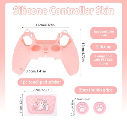 Pink Controller Skin Set for PS5, Cute Cat Paw Anti-Slip Silicone Cover Case for PS5 Wireless Controller Accessories Protective Shell with Thumb Grips & Touchpad Sticker, Girls Gamer Gifts