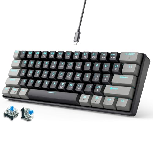 abucow 60% Mechanical Gaming Keyboard Blue Switch Wired Compact Keyboard Anti-Ghosting No-Conflict 61 Swappable keycaps Ergonomic Design for Windows/Mac (Gray-Black) - color: Gray-Black