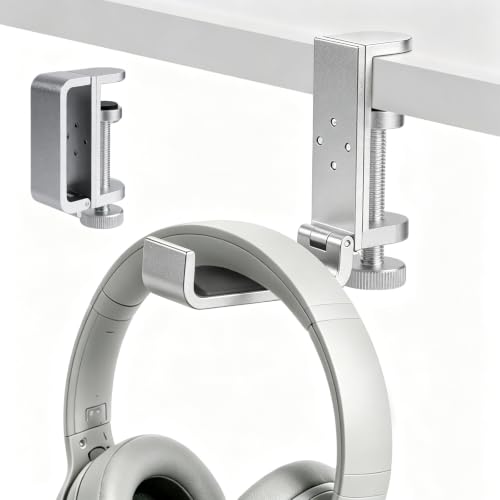 All Aluminum Foldable Headphone Holder - Universal Stand for Gaming PC Accessories, Under Desk Clamp Hook (Silver) - color: Silver