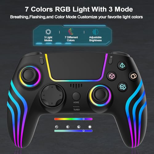 RGB Wireless Game Controller for PlayStation 5 Bluetooth Replacement Gamepad for PS-5/ Windows PC Rechargeable Double Vibration Motion Sensor Joystick Remote Joypad with 1500mAh Battery,Turbo (Black) - color: Black