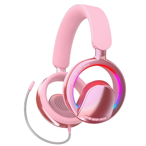 Xmenha Pink Open Ear Open-Back Headphones Wireless Bluetooth Gaming Headset with Mic for PC Switch Xbox One PS4 PS5, 3.5mm Wired Breathable Lightweight Over Ear Headphones Adjustable RGB Light - color: Pink