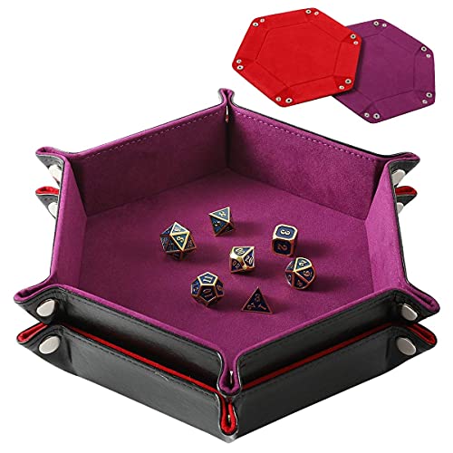Grajar 2 Pcs Portable Folding Dice Rolling Tray Set for RPG DND Table Games - PU Leather and Velvet Holder Storage Box - Red and Violet - color: Red and Violet