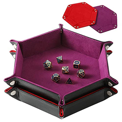 Grajar 2 Pcs Portable Folding Dice Rolling Tray Set for RPG DND Table Games - PU Leather and Velvet Holder Storage Box - Red and Violet - color: Red and Violet