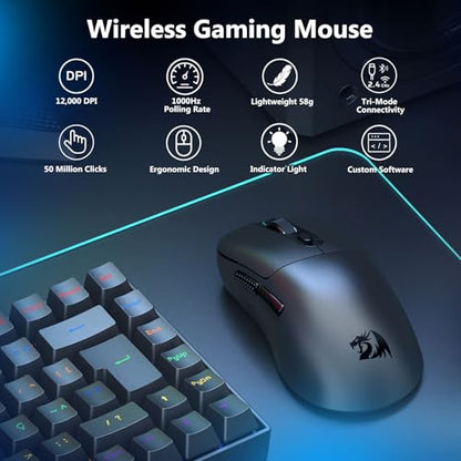 Redragon Wireless Gaming Mouse, 58g Lightweight, Black | 12,000 DPI, Tri-Mode 2.4G/Bluetooth/USB-C, PAW3311 Sensor, 75Hr Battery Mice with 6 Programmable Buttons for PC/Mac