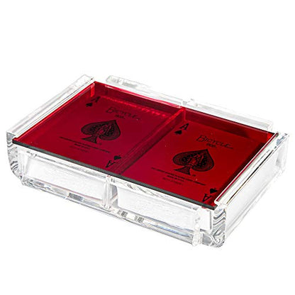 Modern Elegant Playing Card Deck Holder Tray with 2 Decks of Playing Cards in Unique Stylish Deluxe Acrylic Box with Color lid (Red) - color: Red