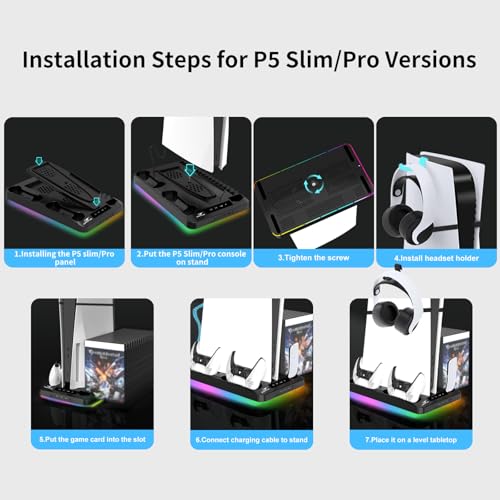 Cooling Station for Ps5/Slim/Pro Disc & Digital Playstation 5 Vertical Stand Organizer with Dual Controller Charger,16 Game Slots,7 Rgb,3 Level Cooler Fan,3 Usb Ports,Headset & Remote Holder (Black) - color: Black
