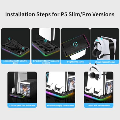 Cooling Station for Ps5/Slim/Pro Disc & Digital Playstation 5 Vertical Stand Organizer with Dual Controller Charger,16 Game Slots,7 Rgb,3 Level Cooler Fan,3 Usb Ports,Headset & Remote Holder (Black) - color: Black