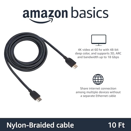 Amazon Basics Nylon-Braided HDMI 2.0 Cable, 10ft, 4K@60Hz, 18Gbps, 2160p, 48 bit, Compatible with TV/PS5/Xbox/Roku/Blu-ray, Black & Blue - color: Black, size: 10 Feet (Pack of 1)
