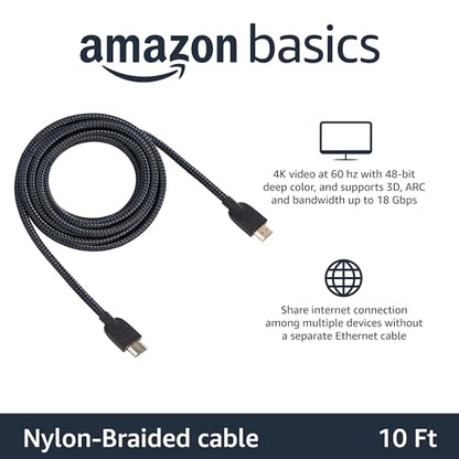 Amazon Basics Nylon-Braided HDMI 2.0 Cable, 10ft, 4K@60Hz, 18Gbps, 2160p, 48 bit, Compatible with TV/PS5/Xbox/Roku/Blu-ray, Black & Blue - color: Black, size: 10 Feet (Pack of 1)