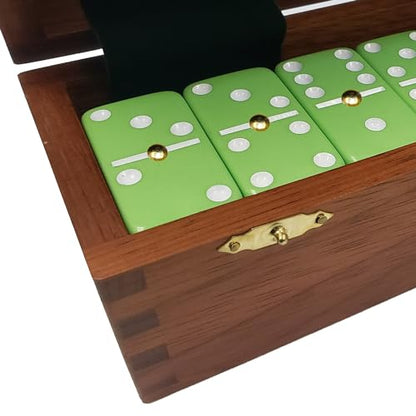 Marion Domino Double Six Lime Green Jumbo Tournament Professional Size with Spinners in Dovetail Sheesham Wood Box. - color: Lime Green