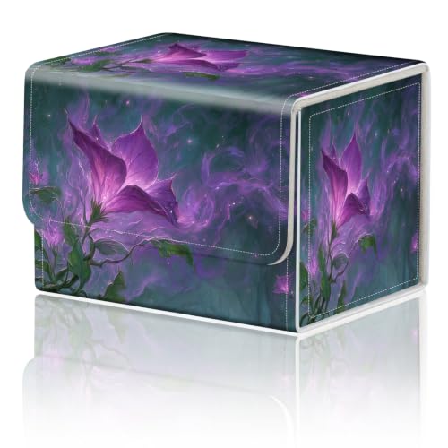 Magnetic Closure TCG Deck Box Portable Card Holder Trading Card Deck Box | PU Leather Collectible Card Case Game Trading Card Deck Box Storage Scratch Resistant Lining, Magical Purple Glowing Flower - color: Magical Purple Glowing Flower