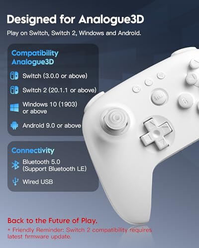 8Bitdo 64 Bluetooth Controller for Analogue 3D, Switch, Switch 2, Windows, Android – Hall Effect Joystick, Vibration, Turbo Function – White - color: White