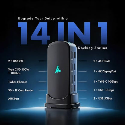 Type C 14 in 1 Wozoyo Docking Station, PD 100W, 2X4K@60Hz HDMI, 4K DisplayPort, 2XType-C 10Gbps, USB 10Gbps, Gigabit Ethernet, AUX Port, Compatible Thunderbolt 4, macOS, Windows, Android & iOS - style: 14-in-1