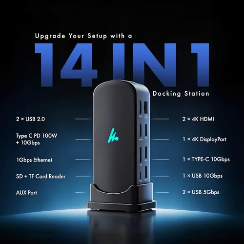 Type C 14 in 1 Wozoyo Docking Station, PD 100W, 2X4K@60Hz HDMI, 4K DisplayPort, 2XType-C 10Gbps, USB 10Gbps, Gigabit Ethernet, AUX Port, Compatible Thunderbolt 4, macOS, Windows, Android & iOS - style: 14-in-1