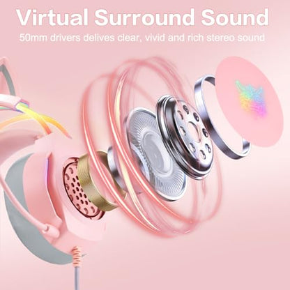 Gaming Headset with Microphone, Cat Ear Headphones for PC Laptop PS4 PS5 Xbox Switch, Pink, Rainbow RGB Lighting & Virtual Surround Sound, 3.5mm Wired Over Ear Headphones, Ergonomic - color: Pink Cat Ear