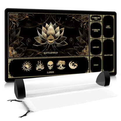 MTG Playmat with Play Zones – Magic Play mat Card Game Mat for Magic The Gathering, Lotus & Basic Lands Design, 24x14 inch, Stitched Edge, Non-Slip Base with Prismatic Playmat Tube-Gold Lotus - color: Zone 1-gold Lotus