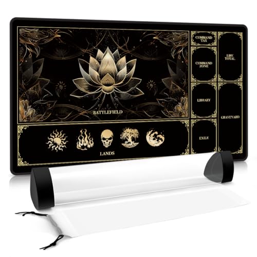 MTG Playmat with Play Zones – Magic Play mat Card Game Mat for Magic The Gathering, Lotus & Basic Lands Design, 24x14 inch, Stitched Edge, Non-Slip Base with Prismatic Playmat Tube-Gold Lotus - color: Zone 1-gold Lotus