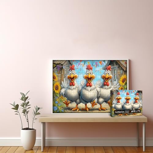 Funny Chicken Puzzles for Adults 1000 Pieces, Larkipuzz Cute Rooster Jigsaw Puzzle Garden Farm Flower, Impossible Challenge Animal Theme as Home Decor - style: Sunflower Chickens