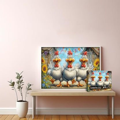 Funny Chicken Puzzles for Adults 1000 Pieces, Larkipuzz Cute Rooster Jigsaw Puzzle Garden Farm Flower, Impossible Challenge Animal Theme as Home Decor - style: Sunflower Chickens