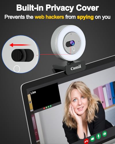 Camii 2K Webcam with Light, HD Webcam for PC with Built-in Privacy Cover, Adjustable Brightness, Noise Reduction Mics, for Zoom Skype Teams Laptop and Google Meet