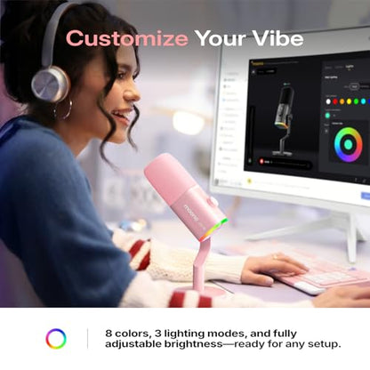 MAONO PD100W Wireless USB Dynamic Microphone, Gaming PC Mic with One-Click Noise Reduction,Mute Button,Custom RGB,3.5mm Headphone Jack,Software,Podcast Streaming Mic (Boom Arm(USB-C Receiver), Pink) - color: Pink