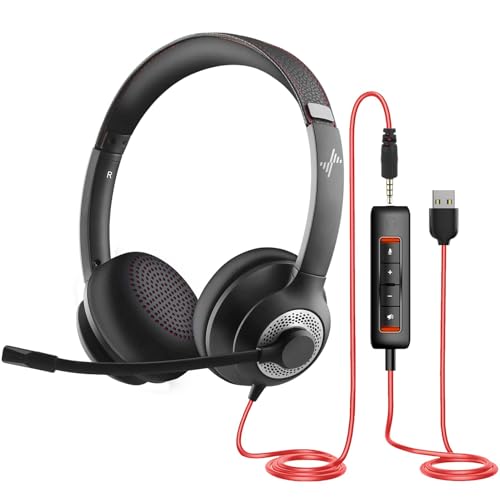JIAMQISHI USB Headset with Microphone for PC, On-Ear Computer Laptop Headphones with Noise Cancelling Microphone in-line Control for Home Office Online Class Skype Zoom (USB+3.5mm, Black) - color: Black, style: USB+3.5mm