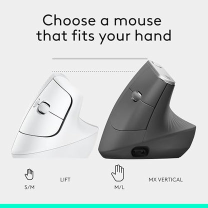 Logitech Lift Vertical Ergonomic Wireless Mouse - Off White | Connect via Bluetooth or included Logi Bolt USB-A receiver, quiet clicks, 4 of 6 buttons customizable, Windows Mac compatible - color: Off White, style: Right-Handed