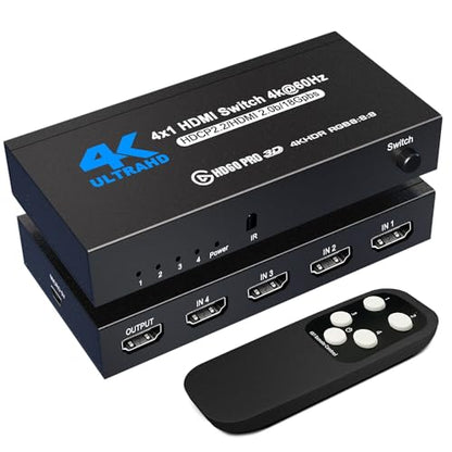 HDMI Splitter 4 in 1 Out, NerdEthos HDMI Switch with Remote LED Indicators, 4 Port Switcher Box Supports 4K@60Hz HDR10 HDCP 2.2 3D Dolby DST, for PS4 Xbox Fire Stick PC and More