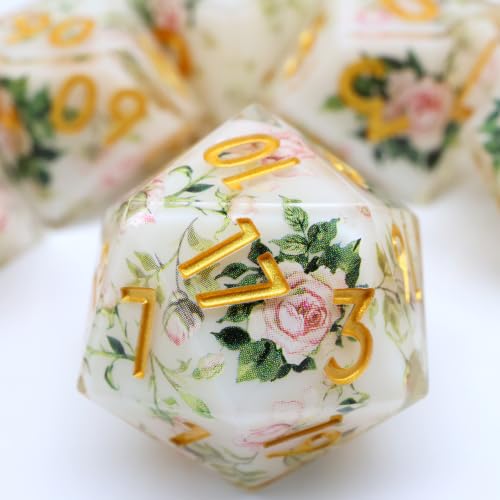 XENOLUX Resin DND Dice Set - Polyhedral RPG Dice with Vintage/Retro Floral Pattern, Translucent White Sharp Edge Dice for Dungeons and Dragons Board Games Accessories(L13) - color: L13