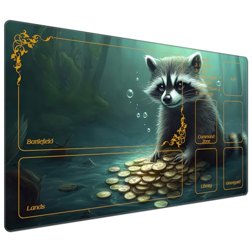 for MTG Playmat with Zones 27.5" x 15.74" for TCG MTG Play Mat Non-Slip Rubber Base Commander Playmats for Magic Playmat Iorcana Trading Card Game, Cute Raccoon Koala Gold Coin - color: Cute Raccoon Koala Gold Coin, size: 27.5" x 15.74"