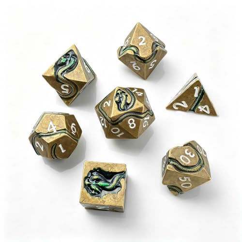 Weighted Metal DND Dice Set for Dungeons and Dragons and Pathfinder, Serpent Polyhedral RPG Dice with Engraved Numbers & Protective Gift Storage Case - color: Ancient Brass