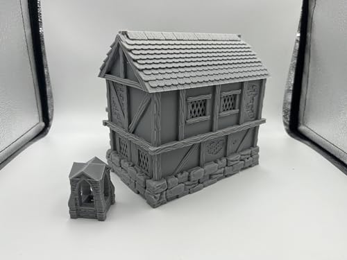 Hautico Town Building Terrain Set for 28mm Tabletop Miniature Wargames, Compatible with DND, 3D Printed and Paintable (Little Town Two-Floor House)