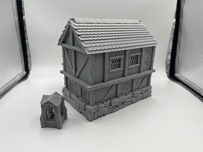 Hautico Town Building Terrain Set for 28mm Tabletop Miniature Wargames, Compatible with DND, 3D Printed and Paintable (Little Town Two-Floor House)
