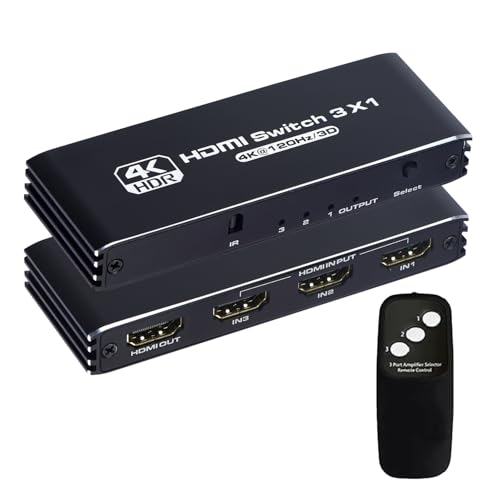 HDMI Switch 3 in 1 Out 4K 120Hz, HDMI Switcher 3x1 with IR Remote Control Support 4K@120Hz, 1080P@240Hz 3D, HDR, HDMI 2.1, HDCP 2.3, Compatible with PS5/ PS4/ PS3, Xbox, TV, DVD etc - color: Black