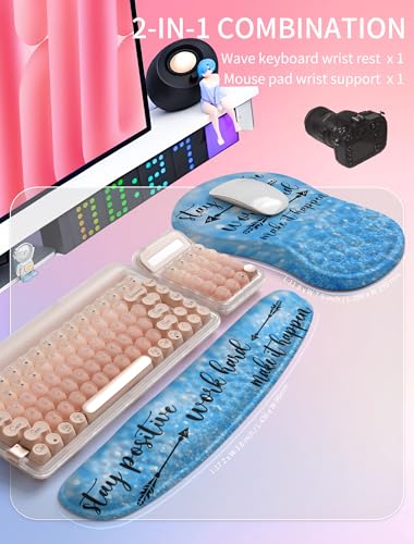 Hokafenle 2in1 Combination, Wave Keyboard Wrist Rest and Ergonomic Curvature Mouse Pad Wrist Support for Relieve Wrist Pain, Filled with Soft Cushion Memory Foam, Stay Positive - color: Stay Positive