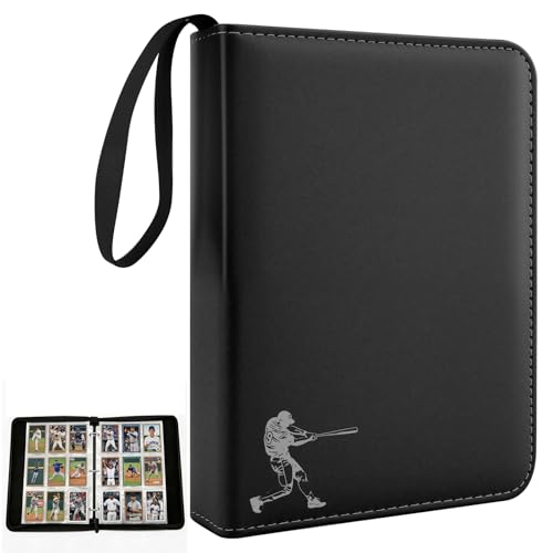 PU Leather Baseball Card Binder,Double Sided Black Card Binder 9 Pocket Holds 900 Cards,50 Removable Sleeves Baseball Cards Binder,3 Ring Zipper Holder Sports Cards Collection for TCG, MTG - color: Black, size: Large