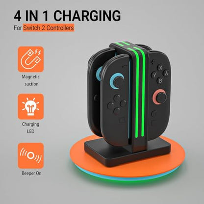 Nintendo Switch 2 Controller Charger, 4-Slot Magnetic Dock, LED Indicators | For Nintendo Switch 2 controllers only, not original Switch; four magnetic slots charge together with clear LED status lights