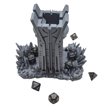 Retro Planet Dice Tower DND Dice Rolling Tower Dice Tower Dungeons and Dragons Dice Jail D&D Accessories (Random 7PCS D20 Dice Set Included) Silver - color: Silver