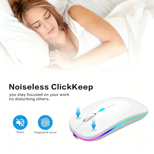 AIKOKOK Wireless Bluetooth Mouse, Rechargeable Dual Mode Mouse, Pearl White | BT 5.2 & 2.4G USB Receiver, 3 Adjustable DPI,LED Lights,Slim,Silent,Portable Computer Mouse for Laptop,PC,MacBook,iPad,Tablet - color: Pearl White