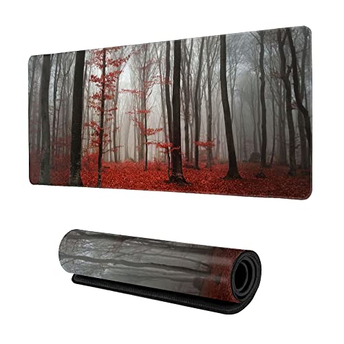 Desk Mat,Beautiful Autumn Foggy Forest Gaming Mouse Pad,XXL Extended Mouse Pad Mat for Office,Computer,Keyboard with Non-Slip Base Stitched Eges Mousepad 35''×15.7''×0.12'' - color: Beautiful Autumn Foggy Forest