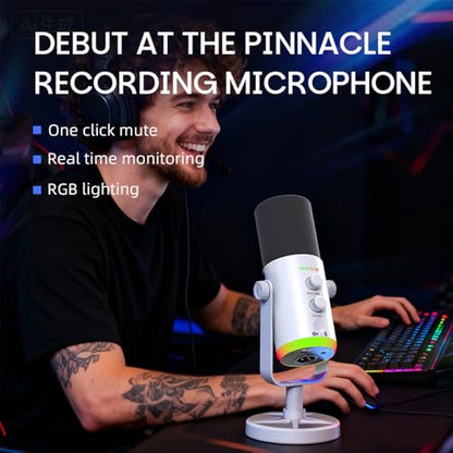 USB/XLR Desktop Dynamic Microphone with RGB Lighting, Noise Reduction, Mute Button & Headphone Jack - Podcast, Gaming, Streaming Mic for PC & Computer (White) - color: White