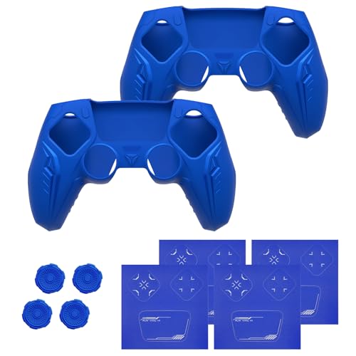 PlayVital 2 Pack Silicone Skin Set for PS5 Controller - Charging Dock Compatible, Full Protection Case with Futuristic CyberMech Design, Soft Cover with Thumb Grips & Stickers - Blue - color: 2 Blue