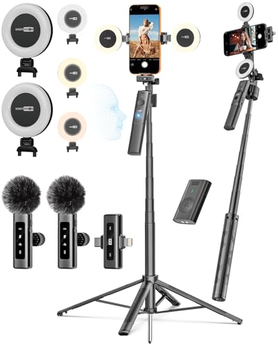 Vlogging Kit,Content Creator Essentials w/Mic & Light(R01 Kit) | 68" Extendable Tripod,For iPhone & Android, Wireless Lavalier Mic(1TX+2RX), Remote Control, For TikTok & YouTube Recording - style: Vlogging Kit-A